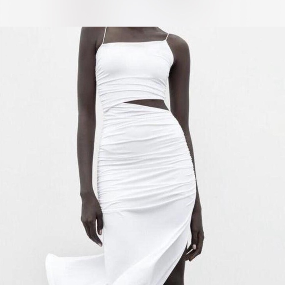 Zara White Asymmetrical Ruched Cocktail Dress